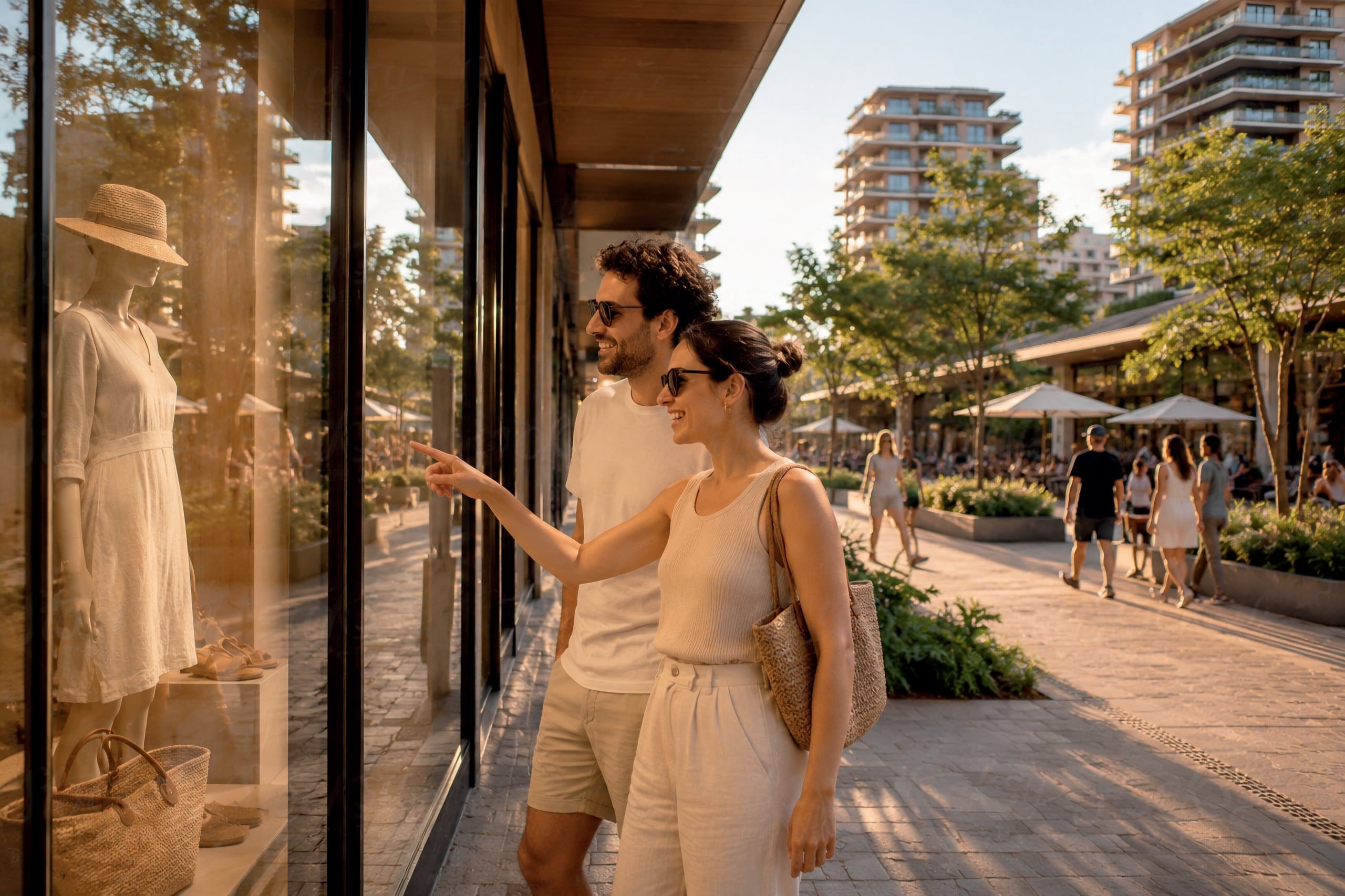 Casal olhando uma vitrine em uma rua com cafés e lojas